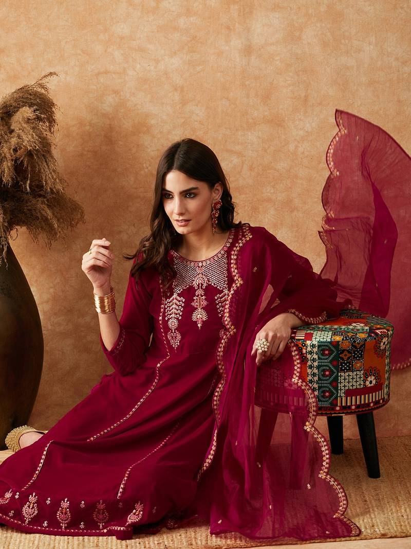  Velvet Embroidery Anarkali Kurta Set Salwar Suit pink Kurta Pant with Pink Dupatta for Women