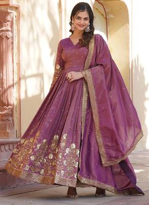 Onion pink viscose  embroidery zari sequins gown with dupatta 1