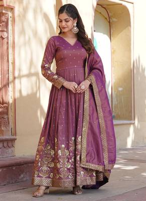 Onion pink viscose  embroidery zari sequins gown with dupatta 4