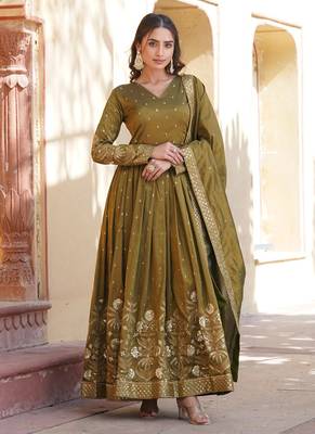 Golden viscose  embroidery zari sequins gown with dupatta 1