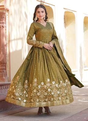 Golden viscose  embroidery zari sequins gown with dupatta 2