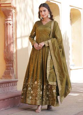 Golden viscose  embroidery zari sequins gown with dupatta 3