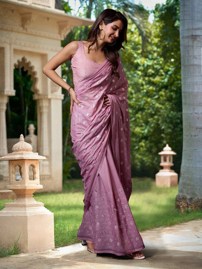  Satin swarovski Work Saree With Unstitched Blouse Piece