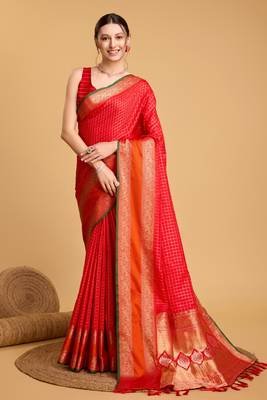 Ethnic And Festive Red Traditional Looks silk blend Woven Saree 1