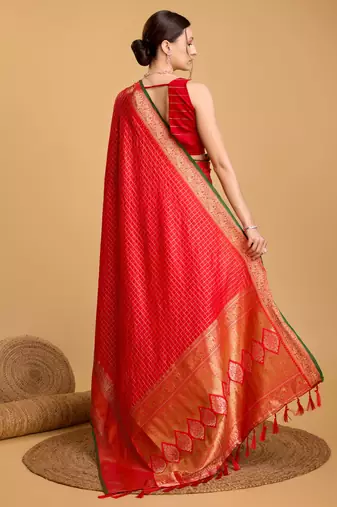 Ethnic And Festive Red Traditional Looks silk blend Woven Saree