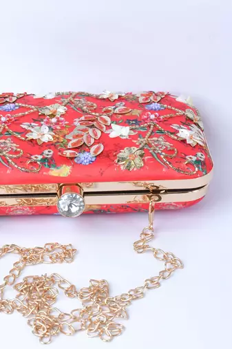 Red with Multi color beaded /Sequins Work hand embroided clutch cum sling bag