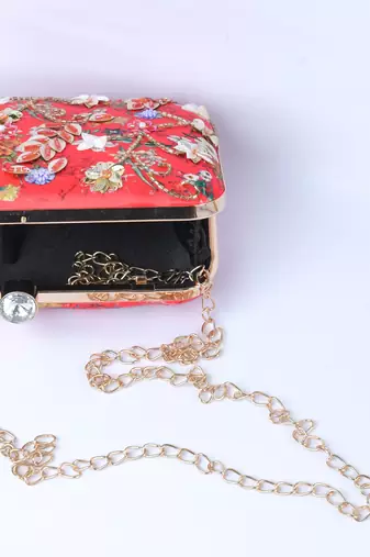 Red with Multi color beaded /Sequins Work hand embroided clutch cum sling bag