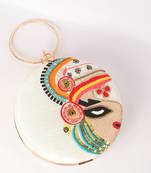 Cream With multi color embellished round shape hand clutch cum sling hanging bag