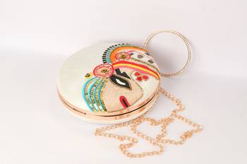 Cream With multi color embellished round shape hand clutch cum sling hanging bag 2