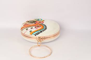 Cream With multi color embellished round shape hand clutch cum sling hanging bag 3