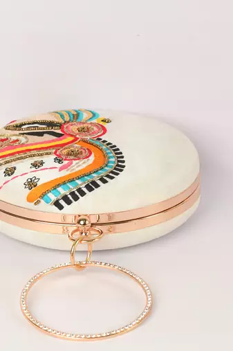 Cream With multi color embellished round shape hand clutch cum sling hanging bag