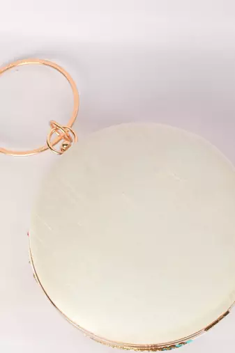 Cream With multi color embellished round shape hand clutch cum sling hanging bag