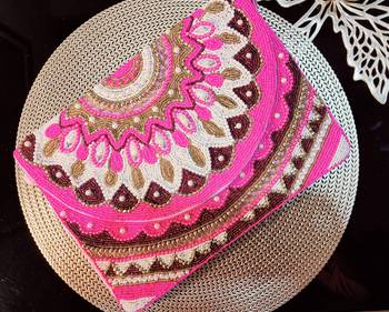 Pink with multi color beaded embellished sling bag 1