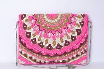 Pink with multi color beaded embellished sling bag 2