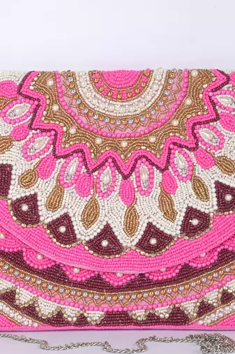 Pink with multi color beaded embellished sling bag