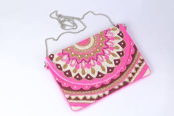 Pink with multi color beaded embellished sling bag 3
