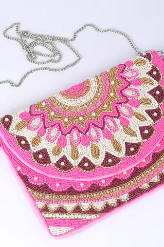 Pink with multi color beaded embellished sling bag