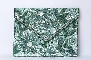 Green with multi color beaded embellished sling bag 1