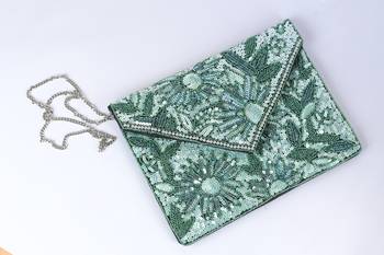 Green with multi color beaded embellished sling bag 2