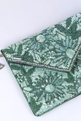 Green with multi color beaded embellished sling bag