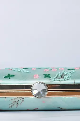 C-Green with multi color beaded /Sequins work embellished clutch cum sling bag