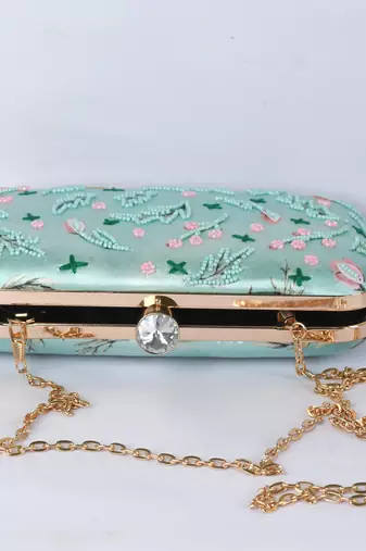 C-Green with multi color beaded /Sequins work embellished clutch cum sling bag