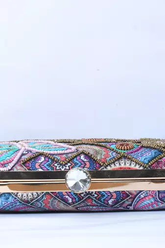 Dark Pink with Multi color beaded/Sequins hand clutch cum sling bag