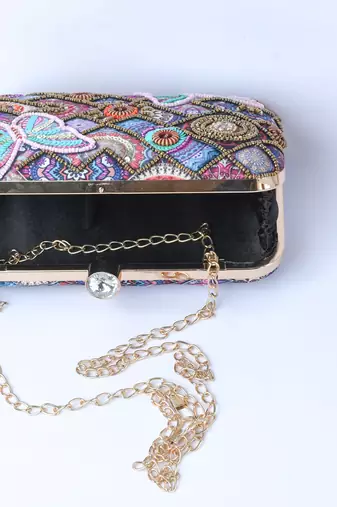 Dark Pink with Multi color beaded/Sequins hand clutch cum sling bag