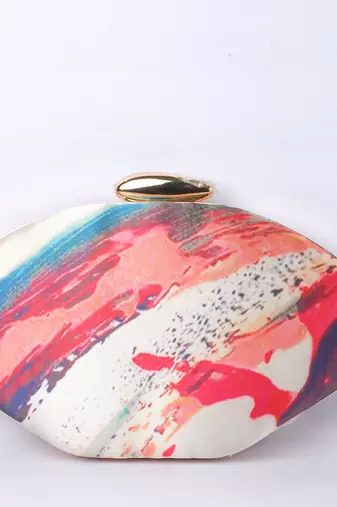 Cream with multi color digital printed designs boat shape hand clutch cum sling bag