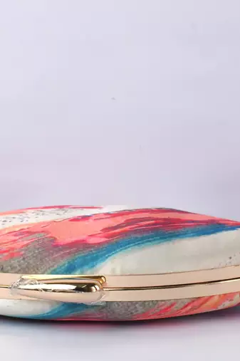 Cream with multi color digital printed designs boat shape hand clutch cum sling bag