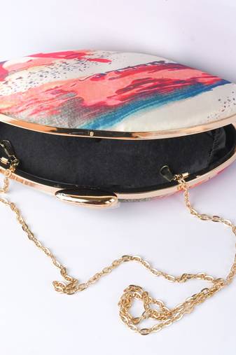 Cream with multi color digital printed designs boat shape hand clutch cum sling bag