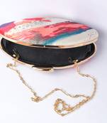 Cream with multi color digital printed designs boat shape hand clutch cum sling bag