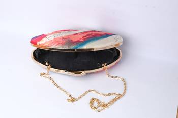 Cream with multi color digital printed designs boat shape hand clutch cum sling bag 4