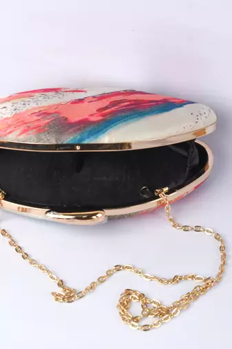 Cream with multi color digital printed designs boat shape hand clutch cum sling bag