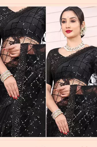  Black Net c Girlish Partywear Sequins Work Saree