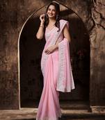 Trendmalls Pink Georgette Floral Zari Embroidered Saree