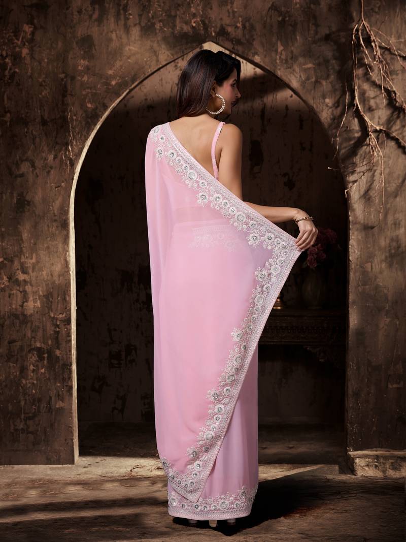 Pink Georgette Floral Zari Embroidered Saree