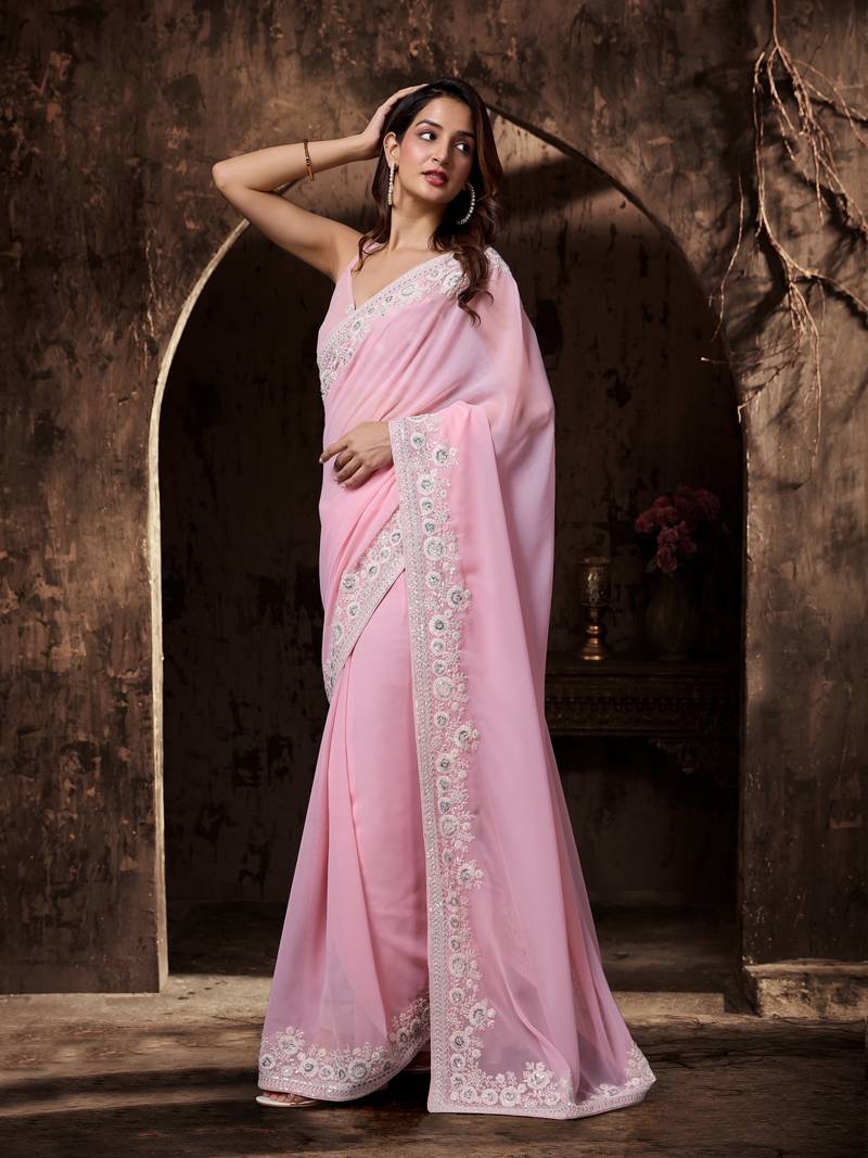 Pink Georgette Floral Zari Embroidered Saree