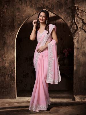 Trendmalls Pink Georgette Floral Zari Embroidered Saree 4
