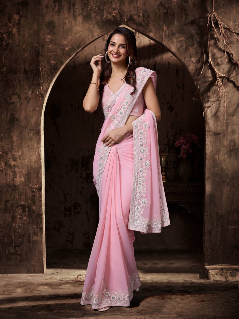 Pink Georgette Floral Zari Embroidered Saree