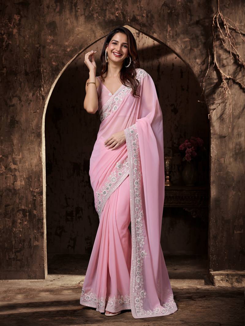 Pink Georgette Floral Zari Embroidered Saree