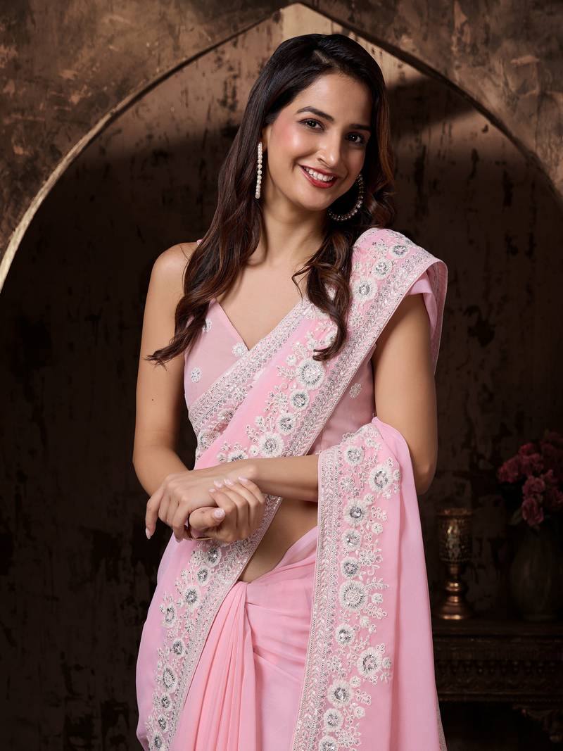 Pink Georgette Floral Zari Embroidered Saree