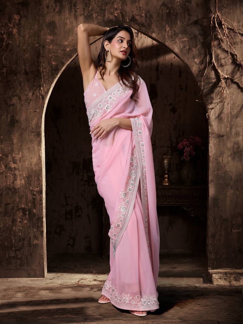 Pink Georgette Floral Zari Embroidered Saree