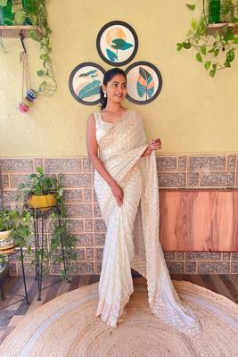 Cream Girlish Partywear Sequins Embroidery Work Trendy Saree 1
