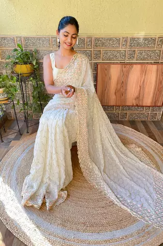 Cream Girlish Partywear Sequins Embroidery Work Trendy Saree