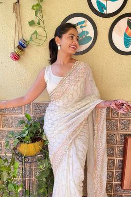 Cream Girlish Partywear Sequins Embroidery Work Trendy Saree 3