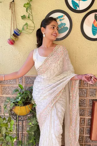 Cream Girlish Partywear Sequins Embroidery Work Trendy Saree