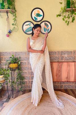 Cream Girlish Partywear Sequins Embroidery Work Trendy Saree 4
