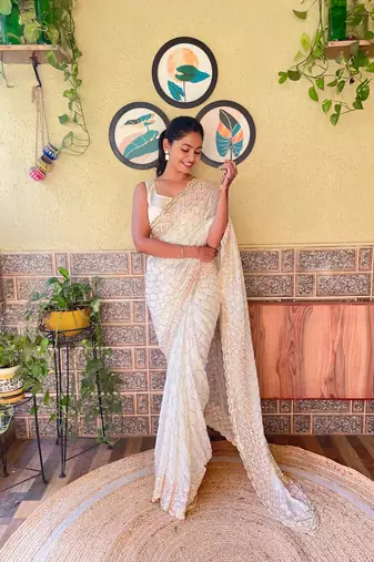 Cream Girlish Partywear Sequins Embroidery Work Trendy Saree