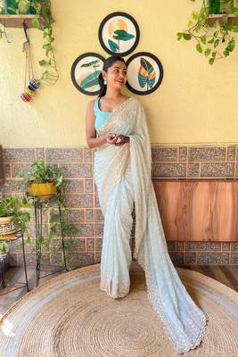 Sea Green Girlish Partywear Designer Sequins Embroidery Work Trendy Saree 1